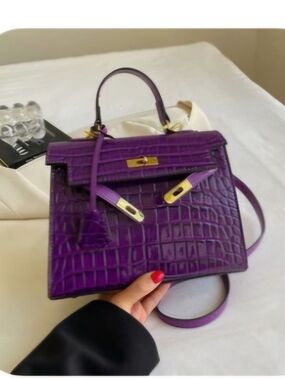 Purple Croc-Embossed Leather Top-Handle Bag